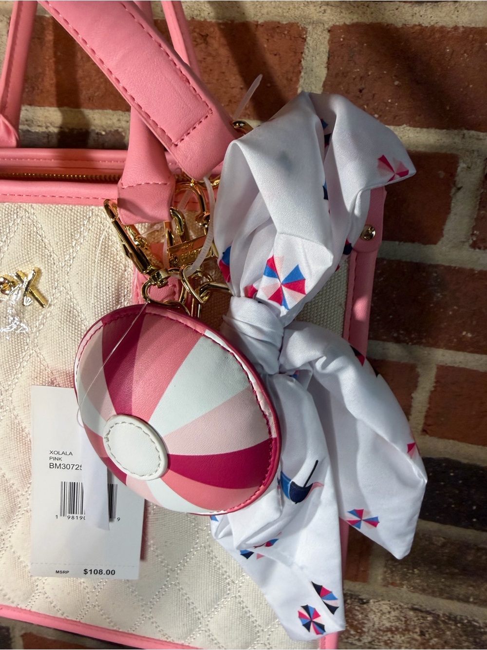 NWT Betsey Johnson Pink & Cream Quilted Tote Handbag with Scarf Accent - Picture 2 of 13